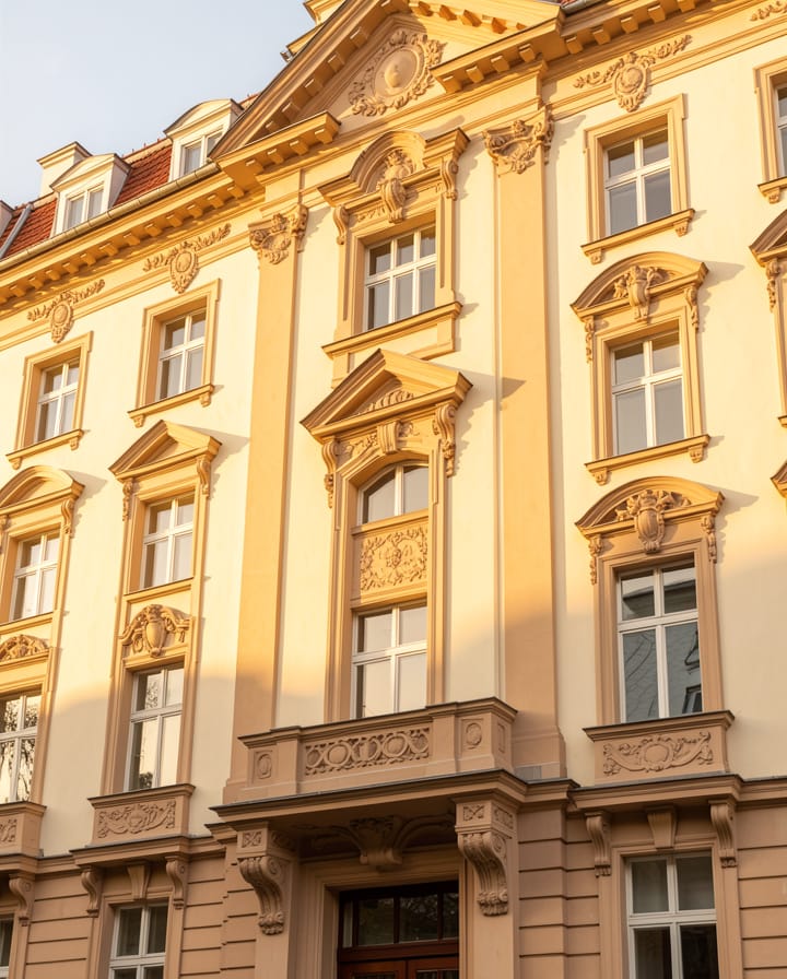 Elegantes Berliner Altbau-Gebäude mit klassischer Stuckfassade im warmen Tageslicht