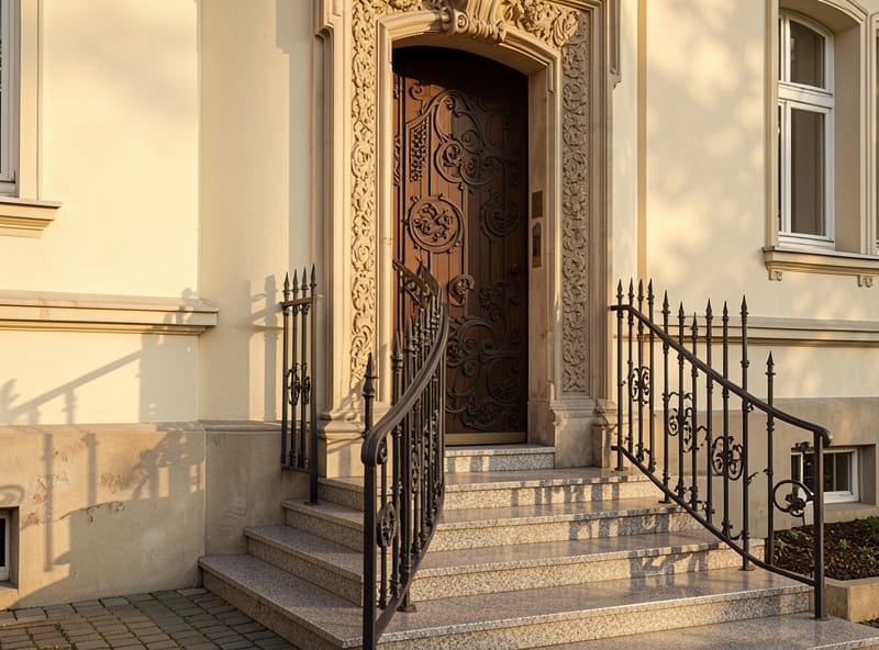 Historischer Berliner Altbau-Eingang mit Steinportal und schmiedeeisernem Tor