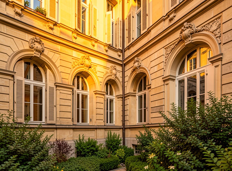 Elegantes Berliner Altbaugebäude mit Stuckfassade im warmen Nachmittagslicht