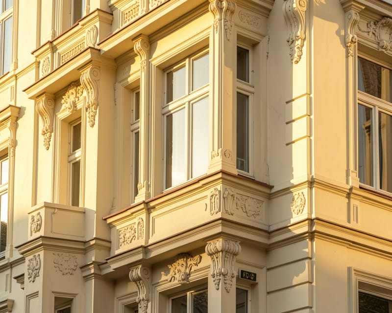 Nahaufnahme eines Berliner Altbaus mit ornamentalen Stuckverzierungen und eleganten Erkerenstern im Morgenlicht