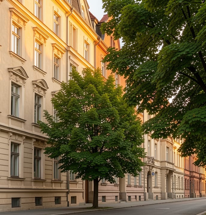 Berliner Gründerzeitstraße mit eleganten Stuckfassaden im warmen Tageslicht