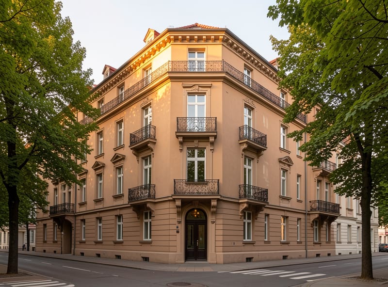 Berliner Gründerzeithaus mit symmetrischer Fassade, Balkons und Lindenbäumen