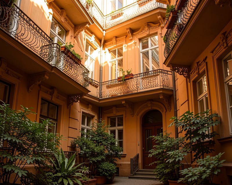 Berliner Altbau-Innenhof mit schmiedeeisernen Balkonen und üppigem Grün im warmen Tageslicht