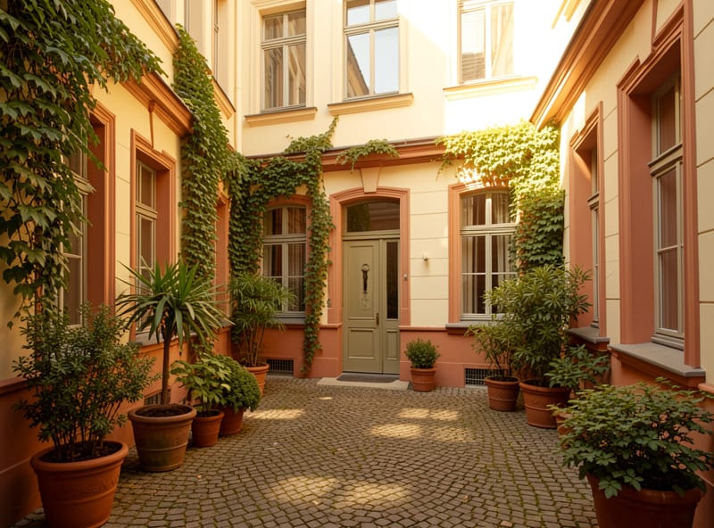 Berliner Altbau-Innenhof mit Kopfsteinpflaster und klassischer Gründerzeitarchitektur im Abendlicht